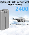 Two Pack 2400mAh 7.7V Battery Set With Display Charging Hub For DJI Mini 4K Mini 2 Mini 2 SE Mini SE next to drone in sky.