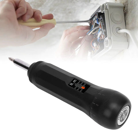 Jelquix Preset Torque Screwdriver With S2 Steel Bits And Adjustable Settings positioned for electrical work with a display for torque settings.
