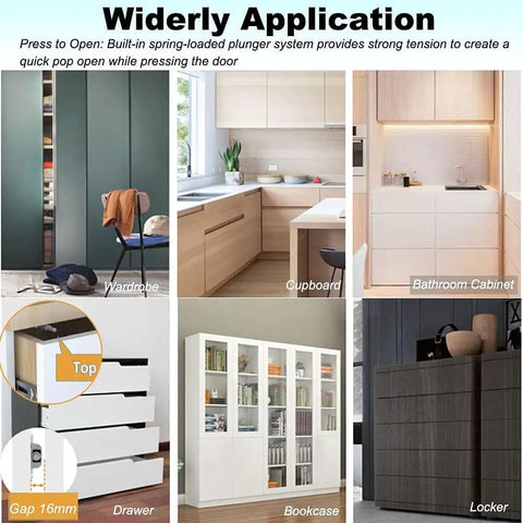 Push To Open Magnetic Cabinet Latches 4 Pack shown in varied applications including wardrobe, cupboard, and bathroom cabinet.