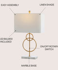 26 Inch Gold Leaf And White Marble Modern Circle LED Table Lamp With White Linen Shade For Living Room Glam Transitional Metal Desk Light LED Bulb Included