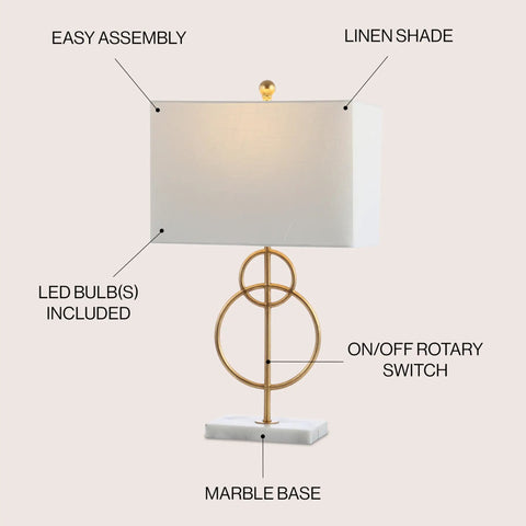 26 Inch Gold Leaf And White Marble Modern Circle LED Table Lamp With White Linen Shade For Living Room Glam Transitional Metal Desk Light LED Bulb Included