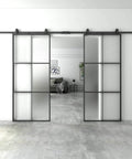 72 By 84 Inch Double Glass Barn Door With Frosted Glass And Black Aluminum Frame Sliding Door Hardware Kit Included Easy To Install Two 36 Inch Panels With Top Mount Hardware Floor Guides And Rail Connector Modern Rustic Style front view