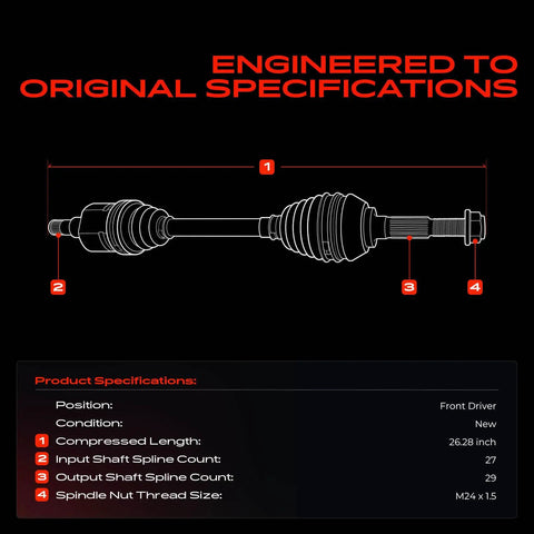 Front Left CV Axle Shaft Assembly For Nissan Rogue AWD 2008 Through 2015, showing dimensions and specifications on a black background.