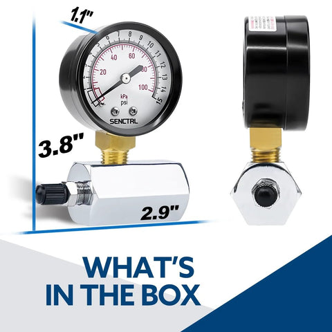 Front view of SENCTRL gas pressure test gauge with 2-inch dial, 0-15 psi, brass valve, 3/4 FNPT, chrome-plated steel body