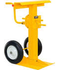 Heavy Duty Rugged Trailer Jack Stand With Slick Rolling Wheels, 41 To 55 Inch Adjustable Height Steel Base, Fold Away Hand Crank, Rock Solid For Shop Tasks with yellow finish and smooth rolling wheels.