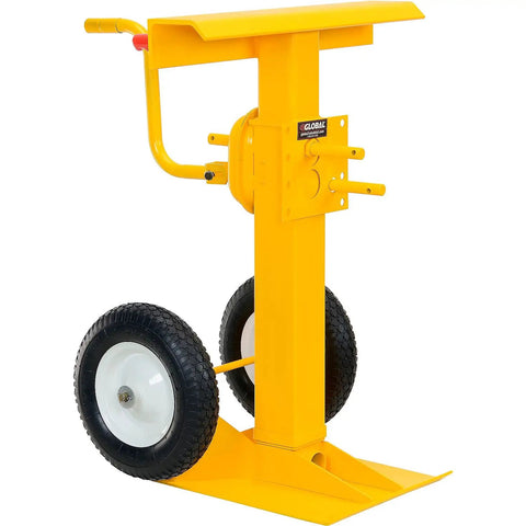 Heavy Duty Rugged Trailer Jack Stand With Slick Rolling Wheels, 41 To 55 Inch Adjustable Height Steel Base, Fold Away Hand Crank, Rock Solid For Shop Tasks with yellow finish and smooth rolling wheels.