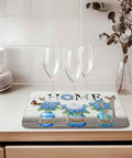 Hydrangea Pattern Dish Drying Mat for Kitchen Counter 16x18 Inches with wine glasses on wood grain countertop