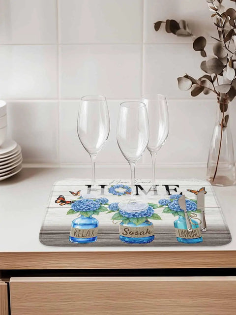 Hydrangea Pattern Dish Drying Mat for Kitchen Counter 16x18 Inches with wine glasses on wood grain countertop