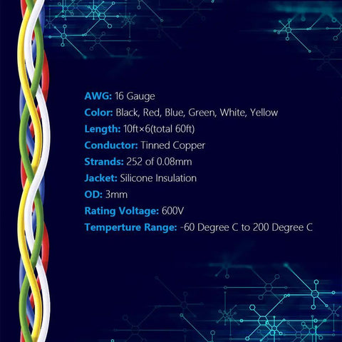 Diagram showing 16 Gauge Stranded Wire Kit With 6 Color Hook Up Wires, 10 Feet Each, Silicone Insulated Tinned Copper specs.