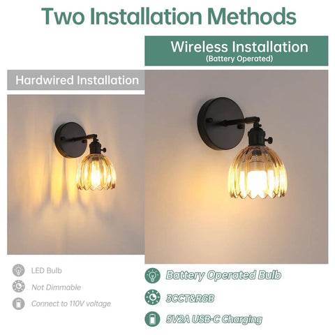 Vintage Battery Operated Wall Sconce With Amber Tulip Glass Lampshade in hardwired and wireless installation methods