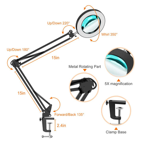 Diagram of 5X Magnifying Lamp With Clamp And Dimmable LED Light Hands Free Magnifier showing arm angles and glass lens details.