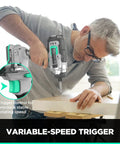 Man using 20V Cordless Impact Driver With One Quarter Inch Hex Quick Release Chuck, 1150 Inch Pounds Torque on wood