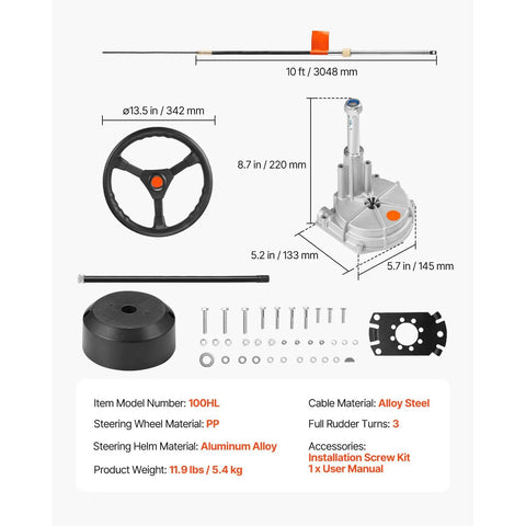 Outboard Boat Steering System Kit, 10 Ft Marine Steering Cable With Three Quarter Inch Shaft And 13.5 Inch Wheel, Rotary Steering, Bezel Kit, Rugged Marine Grade For Yachts And Watercraft