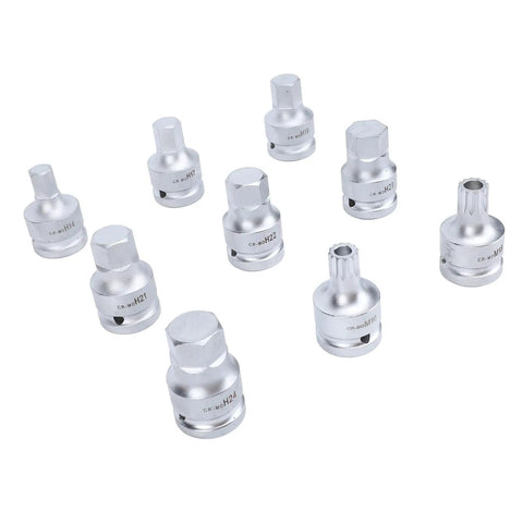 Professional 3/4 Inch Drive Impact Hex Driver Set With CrMo Steel Spline Bits And Heavy Duty Socket Kit showing 9 chrome sockets for automotive use.