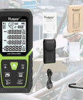 Laser Distance Measure 330 Ft With Li Ion Battery And Electric Angle Sensor Backlit LCD High Accuracy Multi Mode Laser Meter shown with accessories.