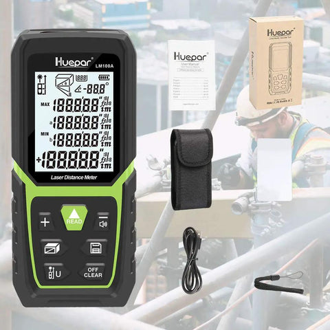 Laser Distance Measure 330 Ft With Li Ion Battery And Electric Angle Sensor Backlit LCD High Accuracy Multi Mode Laser Meter shown with accessories.