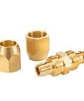 Solid Brass Air Hose Splicer Kit For One Quarter Inch ID Hose, Reusable Repair Fitting With Two Nuts, shown disassembled