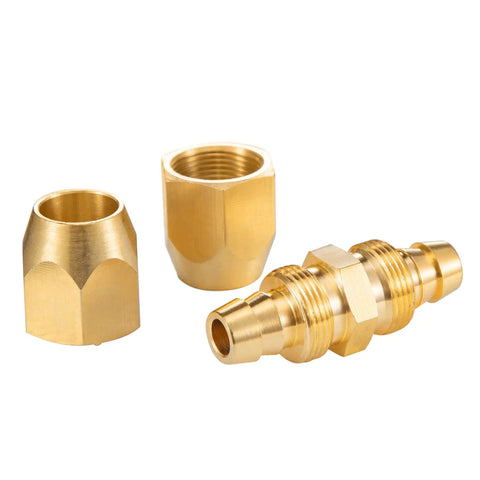 Solid Brass Air Hose Splicer Kit For One Quarter Inch ID Hose, Reusable Repair Fitting With Two Nuts, shown disassembled
