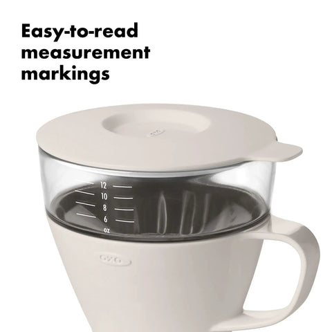 Single Serve Pour Over Coffee Maker With Auto Drip Tank For A Balanced Brew showing 12 oz measurement markings