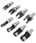 Heavy Duty 8 Piece Carbon Steel Wood Plug Drill Bit Set With Hella Sharp Spiral Hole Cutters, various sizes for clean plugs.