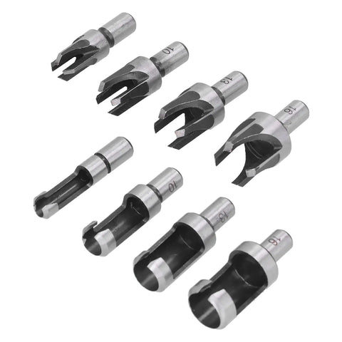 Heavy Duty 8 Piece Carbon Steel Wood Plug Drill Bit Set With Hella Sharp Spiral Hole Cutters, various sizes for clean plugs.