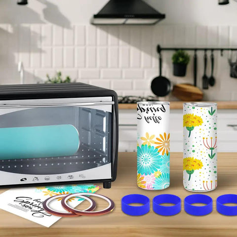 Heavy Duty Sublimation Silicone Wraps For 20 Oz Skinny Tumblers with heat press, transfer tapes, and reusable silicone rings