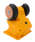 Cordless Mini Bench Grinder Featuring A Rugged Abs Shell Slick One Handed Setup And Compact Form For Hassle Free Metal Polish And Blade Sharpening Any Time, yellow casing with two grinding wheels.