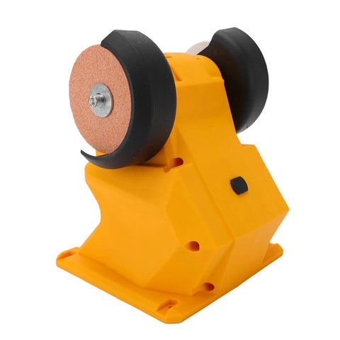 Cordless Mini Bench Grinder Featuring A Rugged Abs Shell Slick One Handed Setup And Compact Form For Hassle Free Metal Polish And Blade Sharpening Any Time, yellow casing with two grinding wheels.