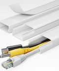 Cord Hider Kit For Wall Mounted TV Cables white cover concealing HDMI, Ethernet, and power cords in a tidy setup