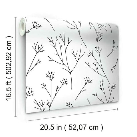 Black and White Twigs Peel and Stick Wallpaper, Easy No Mess Removable Wall Covering For Renters and Homeowners, 20.5 Inch Wide By 16.5 Feet Long