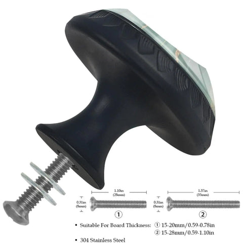 Stunning Emerald Green Marble Cabinet Knobs 4 Pack Super Sleek 35Mm Drawer Pulls With Matte Black Backplates Durable Abs Construction Single Hole Mount Includes Screws - close-up of round knob with black base and marble top.
