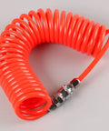 Hella Durable Coiled Air Compressor Hose Built Damn Tough With Single Layer Polyurethane And Oil Resistant Build featuring bright orange coil design.