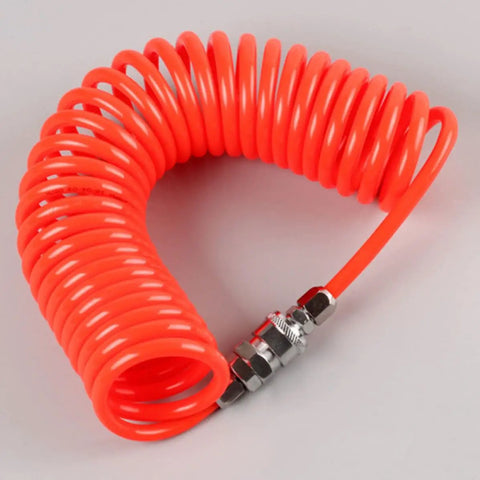 Hella Durable Coiled Air Compressor Hose Built Damn Tough With Single Layer Polyurethane And Oil Resistant Build featuring bright orange coil design.