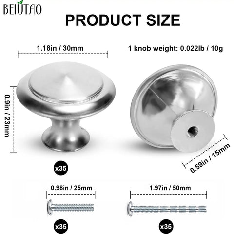Thirty Five Pack Brushed Nickel Cabinet Knobs 1-1/4 Inch Round Drawer Knobs With Stainless Steel Top Zinc Alloy Base Heavy Duty