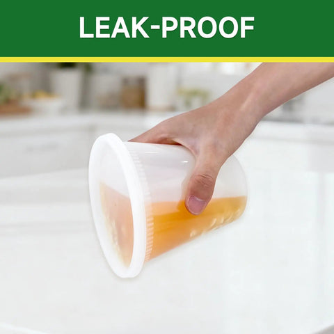 Person holding 50 Pack 32 Ounces Deli Containers With Lids Leak Proof BPA Free Plastic Takeout Bowls tilted without spilling
