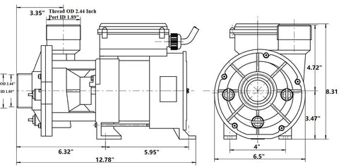 Rock Solid Hot Tub Bath Replacement Pump Featuring Cool Running Copper Winding LX Motor with dual 1.5 inch unions dimensions diagram