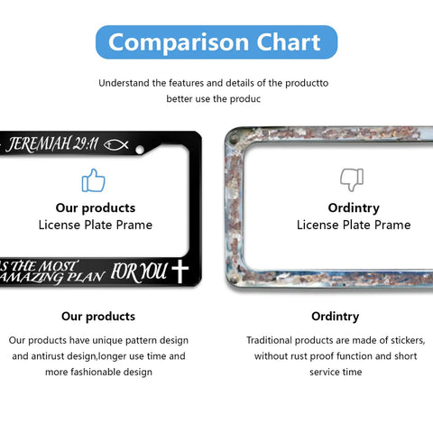 Comparison of custom license plate frame with Jeremiah 29:11 against ordinary frame