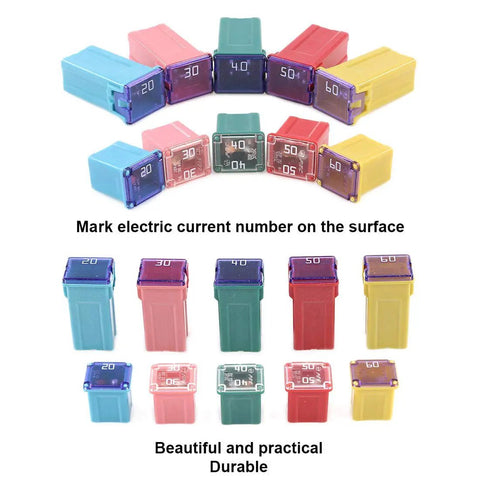 Heavy Duty 30 Piece Box Blade Fuse Kit Featuring Low And Tall Slick Profile Assortment, colorful mini blade fuses from 20 to 60 amps.