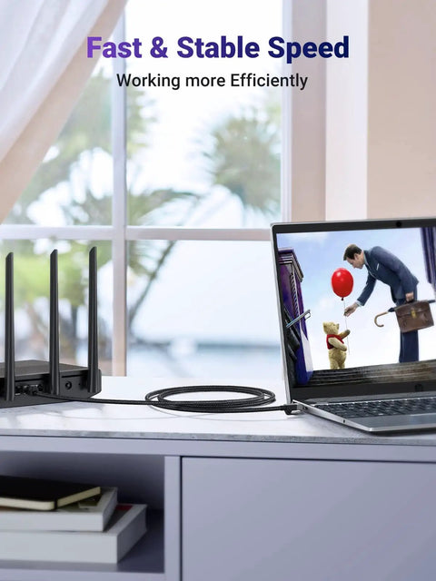 Braided Cat6 Ethernet Cable 1Gbps High Speed Network Cable Shielded RJ45 LAN Cord connecting laptop to router for stable speed