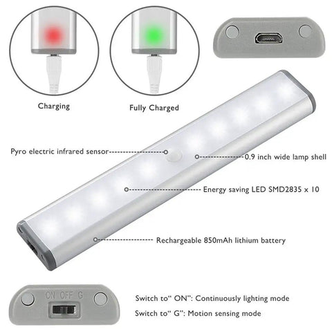Stick On Portable Wireless LED Night Light With 10 LEDs, Magnetic Tap Light, Motion Sensor Or Always On, Rechargeable Battery