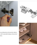12-piece stainless steel cabinet hinge set, self-closing, rust-resistant chrome hinges; installed and close-up views.