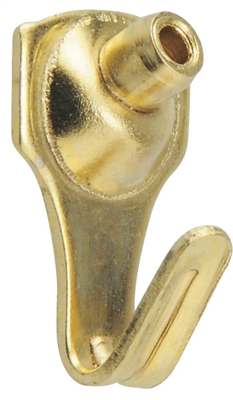 Close-up of brass hook from Value Pack Picture Hangers Set Heavy Duty Brass Reusable Hooks For Artwork 17 Piece Kit 10 20 30 50 75 Lb Kid Safe Durable Reinforced Elbow For Drywall And Plaster Walls