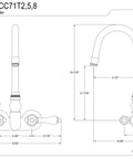 Technical drawing of Old School Leg Tub Filler With Metal Lever Handles In Polished Chrome, 8-Inch Center wall mount faucet.