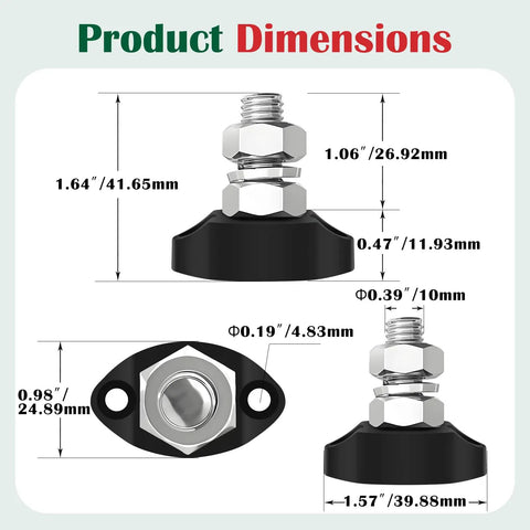 M10 Single Stud Battery Junction Block 12V Bus Bar Beefy High Current 250A DC Power Distribution Block For Automotive Marine And Off Road Battery Ground Terminal, dimensioned side view