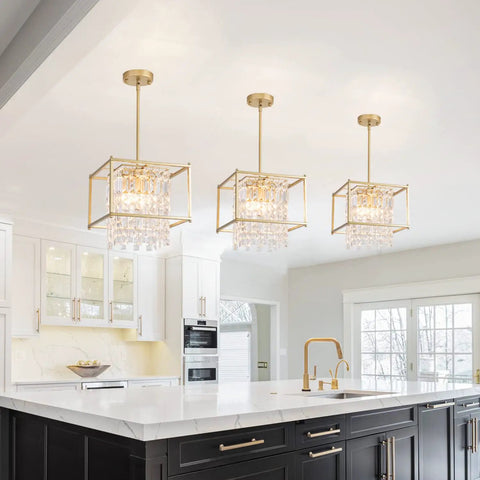 Gold Crystal Chandelier Pendant Light Four Light Industrial Fixture Square 11.81 Inch Dope Modern Vintage Vibe Semi Flush Mount hanging in kitchen