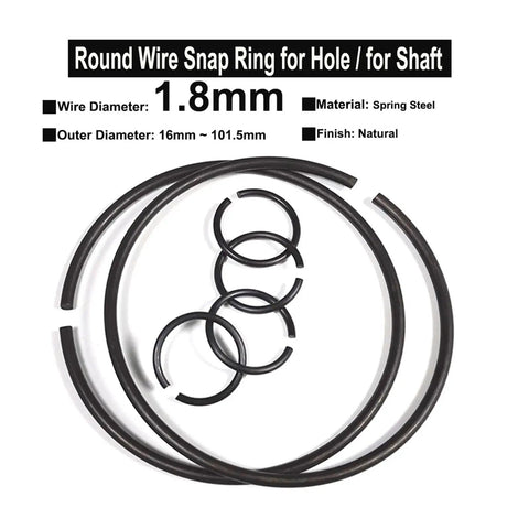 10 Pcs 1.8mm Spring Steel Round Wire Retaining Rings For Shaft OD 16mm To 101.5mm, snap rings displayed in various sizes.
