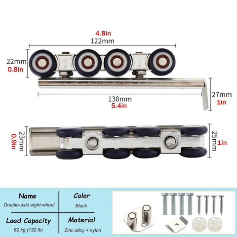Beefy Heavy Duty Sliding Barn Door Hardware Track Kit For Exterior And Interior Use showing 8-wheel hangers and hardware