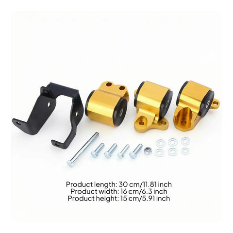 Tough As Nails Aluminum Alloy Engine Mount Bracket With Precision Cut Bolt On Hardware For Rock Solid Stability And Zero Engine Shake Grease Monkey Approved For Weekend Builds showing three gold engine mounts and black hardware.