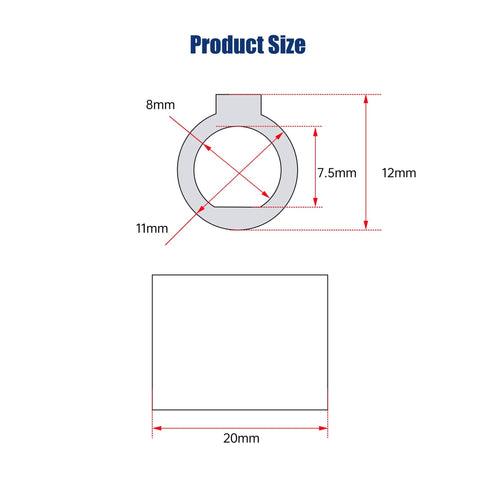 Diagram showing 8mm to 11mm shaft adapter dimensions: 20mm length, 8mm inner, 11mm outer bore. For RV30 worm gear reducers.