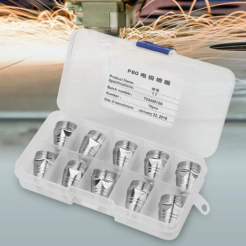 Top Tier P80 Plasma Cutting Consumables Set Featuring 1.1mm Nozzle And Electrode Kit For Air Plasma Cutters in a clear storage case.